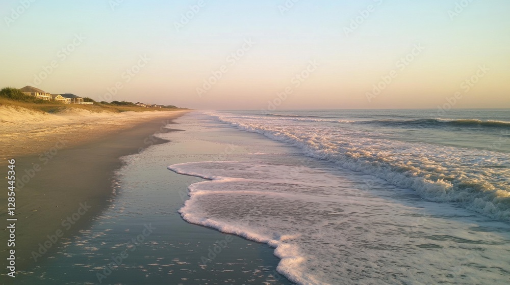 Coastal beach sunrise view; calm waves; houses on shore; tranquil morning Coastal beach sunrise view; calm waves; houses on shore; tranquil morning