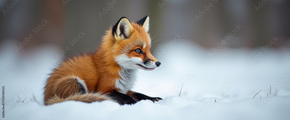 Fototapeta premium Red Fox Lying in White Snow in Winter Forest