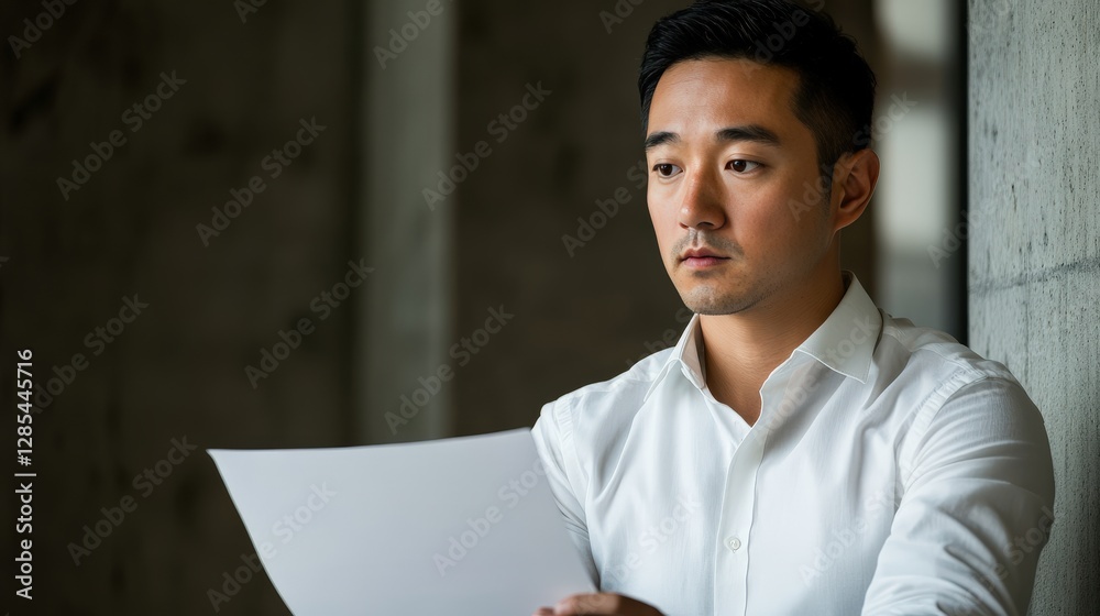 Serious man reading document in modern office environment with natural light Serious man reading document in modern office environment with natural light