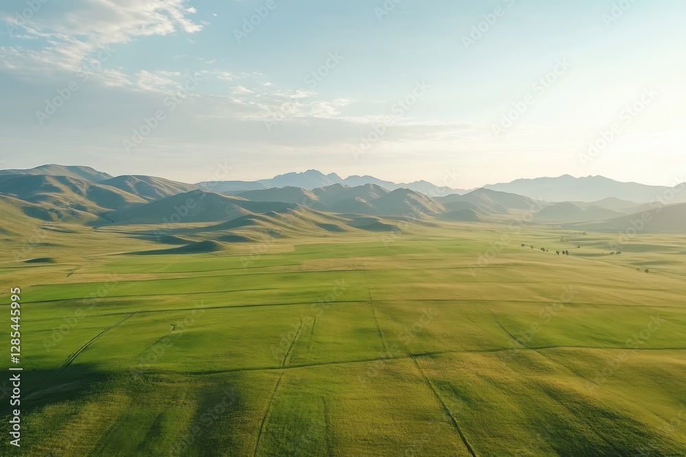 Fototapeta premium Vast green fields and rolling mountains under a clear sky create a stunning landscape in the countryside, Squares of green fields, with rolling mountains in the distance, aerial shot