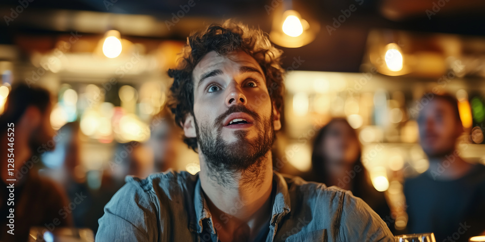 man in crowded bar looks surprised while watching something man in crowded bar looks surprised while watching something