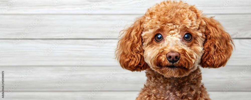 Adorable small poodle with curly fur sitting against wooden background Adorable small poodle with curly fur sitting against wooden background