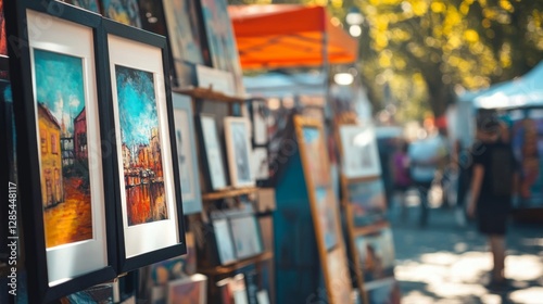Obraz na płótnie Framed paintings displayed at an outdoor art market w salonie