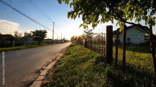 Scenic Sunset View of a Quiet Rural Road with Lush Green Grass and Trees : Generative AI photo