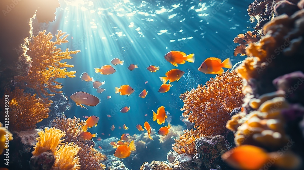 Naklejka premium A vibrant underwater scene showcasing a coral reef teeming with colorful fish, highlighting the biodiversity of marine life