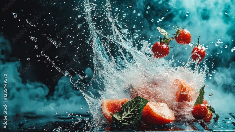 Dynamic water splash with fruits and ice cubes Dynamic water splash with fruits and ice cubes