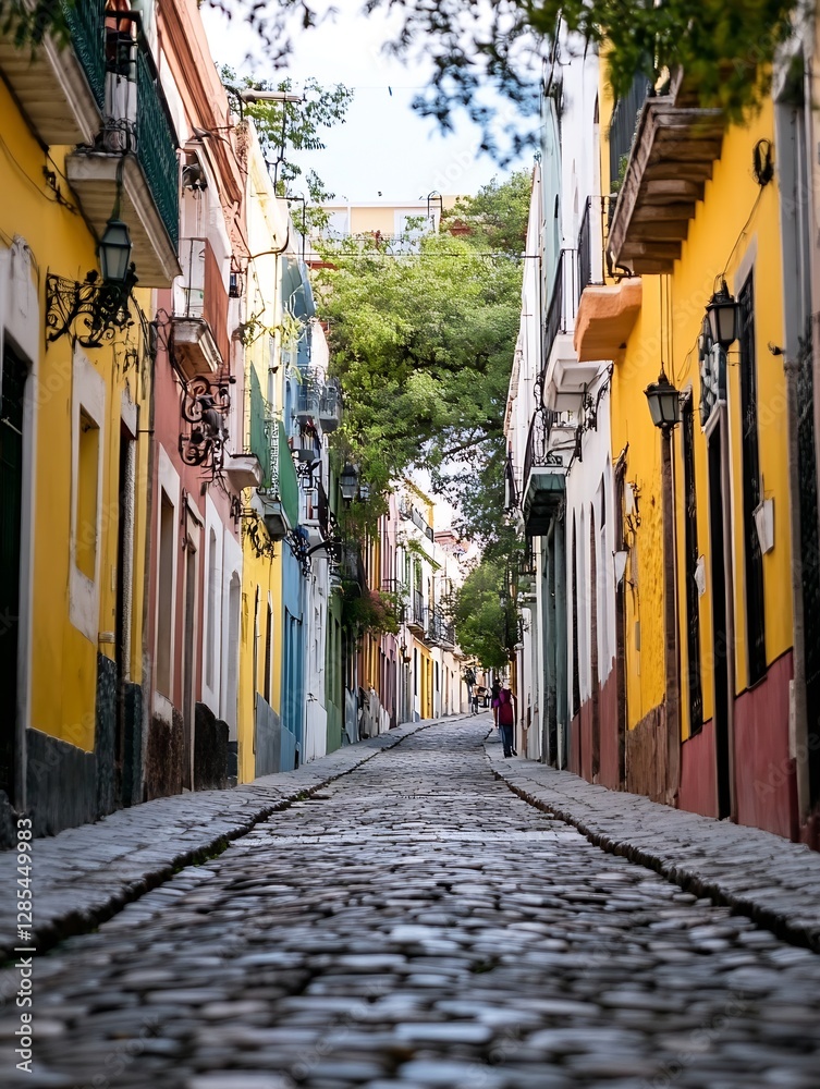 Fototapeta premium Charming Cobblestone Street with Colorful Houses and Lush Green Trees in Urban Setting : Generative AI