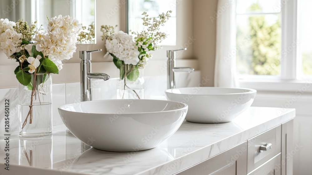 Luxurious modern bathroom with a double white ceramic sink, marble countertops, and soft lighting that enhances the clean, elegant design. Luxurious modern bathroom with a double white ceramic sink, marble countertops, and soft lighting that enhances the clean, elegant design.