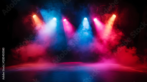 Stage light with colored spotlights and smoke. Concert and theatre dark scene