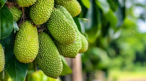 Close Up of Fresh Green Avocados Hanging on Tree Branches Surrounded by Lush Scenic Background : Generative AI