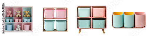 Colorful Modular Shelving Units for Home Storage Organization and Display  Pastel toned wooden cubbies boxes and baskets arranged on a minimal backdrop for stylish organization and decor