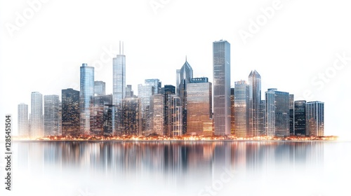 Cityscape panorama at night, reflecting on water.