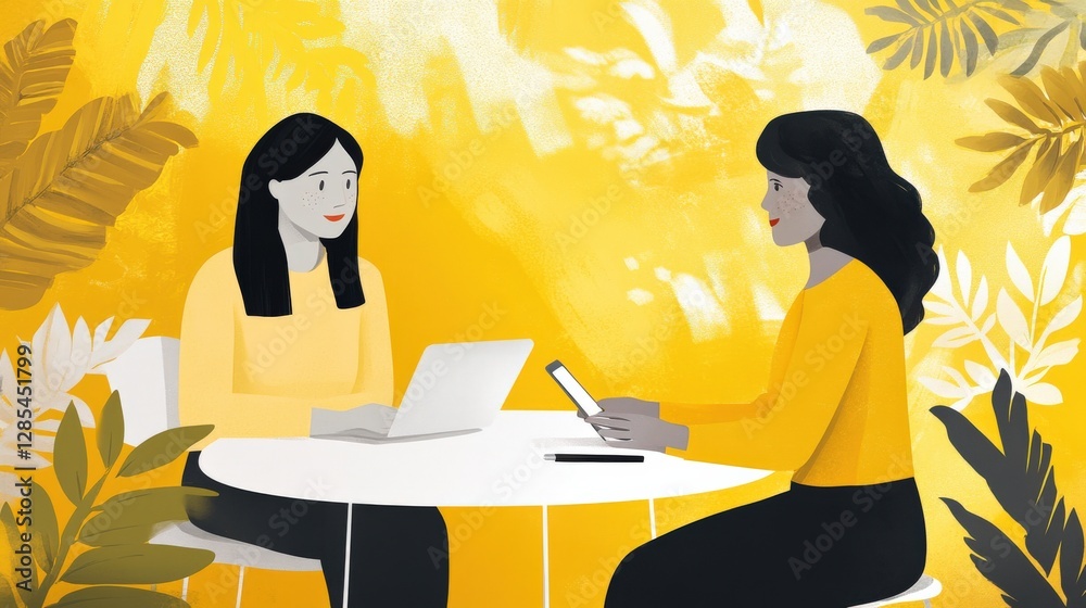 custom made wallpaper toronto digitalTwo Women Collaborating in a Bright Yellow Workspace Surrounded by Lush Plants