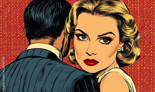 a stylish pop art illustration of a man and woman looking at viewer with suspicion or intrigue. The woman with blonde hair gazes at the viewer, a man turns away from viewer, the background is red