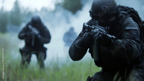 Tactical Operatives in Action During Military Training Exercise in Smoke : Generative AI photo