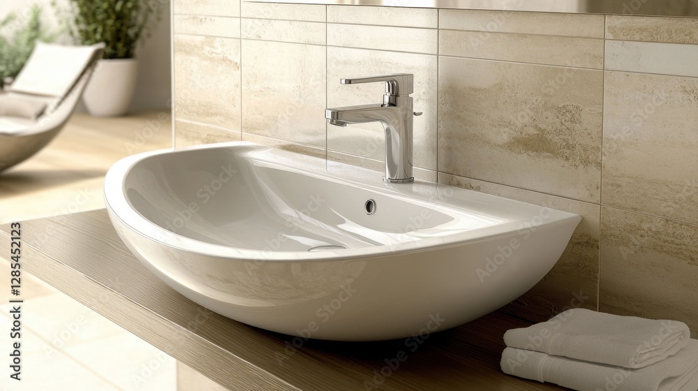 Modern white ceramic sink with a sleek chrome faucet, set against a tiled bathroom wall with soft natural lighting. Modern white ceramic sink with a sleek chrome faucet, set against a tiled bathroom wall with soft natural lighting.