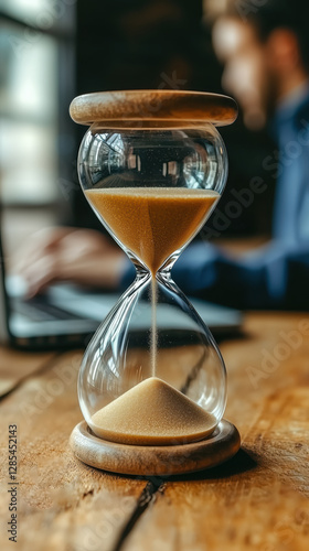 A close-up of an hourglass with golden sand flowing through its narrow center, symbolizing the passage of time