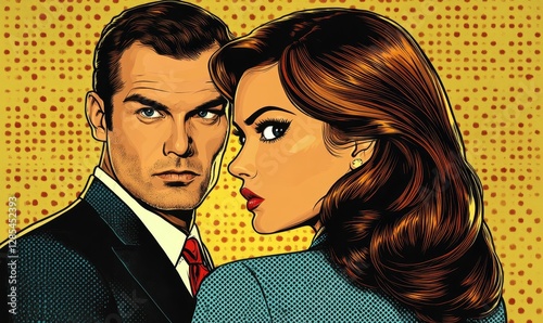 a retro comic-style illustration of a man and woman looking back over their shoulders