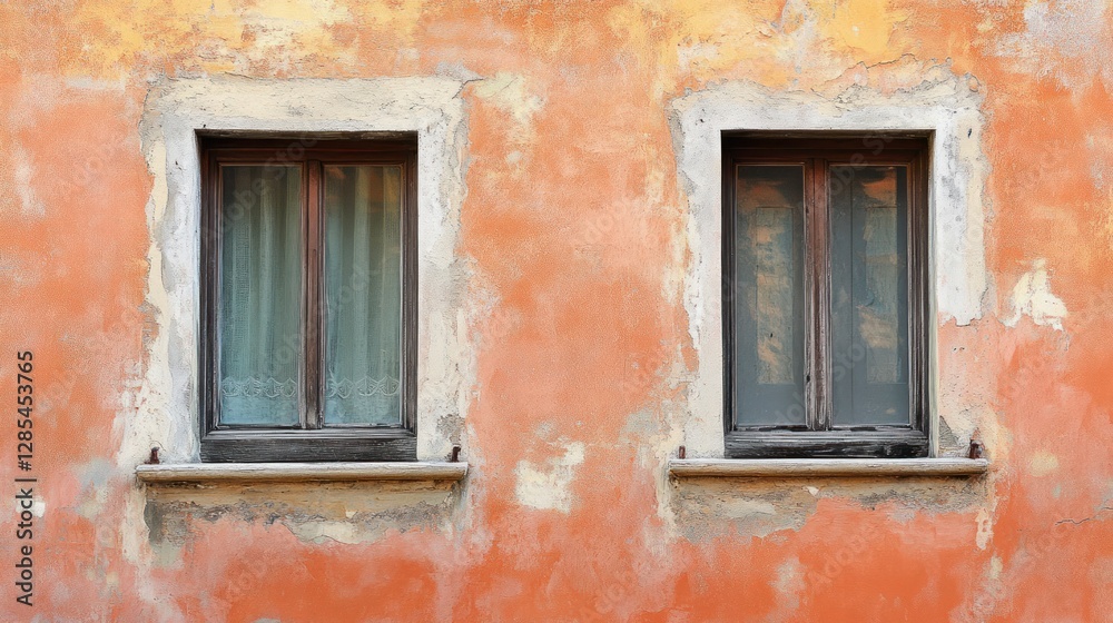 Two old windows on a weathered orange wall. Two old windows on a weathered orange wall.