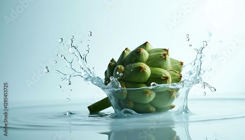Artichoke Splashing Water Fresh Food Photography High Definition