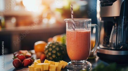 Healthy smoothie in kitchen, ingredients visible photo