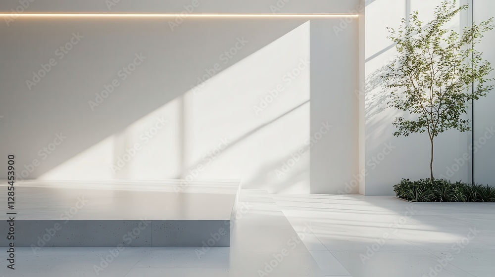 Fototapeta premium Bright Minimalist Indoor Space with Shadows and Greenery Accents