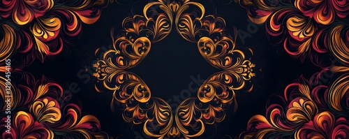Ornate floral pattern in gold and red against a dark background
