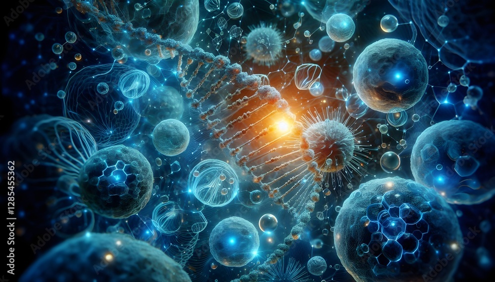 3D-rendered cells and DNA strands with glowing particles. 3D-rendered cells and DNA strands with glowing particles.