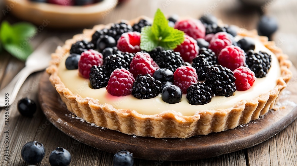 Delicious Fresh Berry Tart with Creamy Custard and Mint Garnish on Wooden Table : Generative AI Delicious Fresh Berry Tart with Creamy Custard and Mint Garnish on Wooden Table : Generative AI