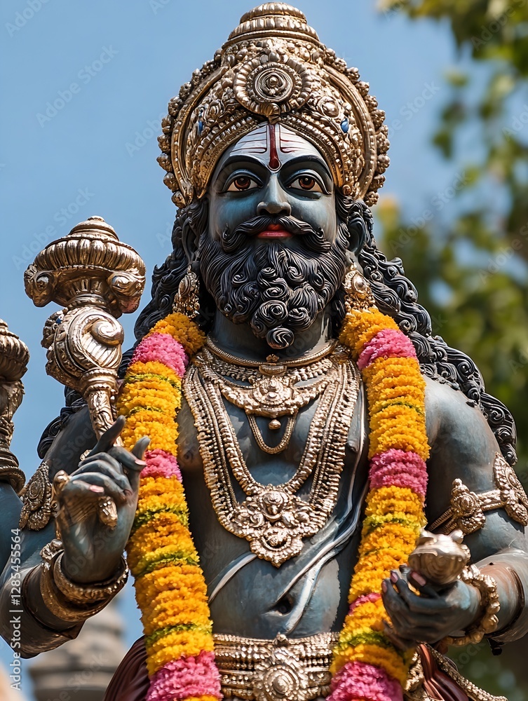 Obraz premium Beautifully Crafted Statue of Hindu Deity with Ornate Details and Flowers : Generative AI