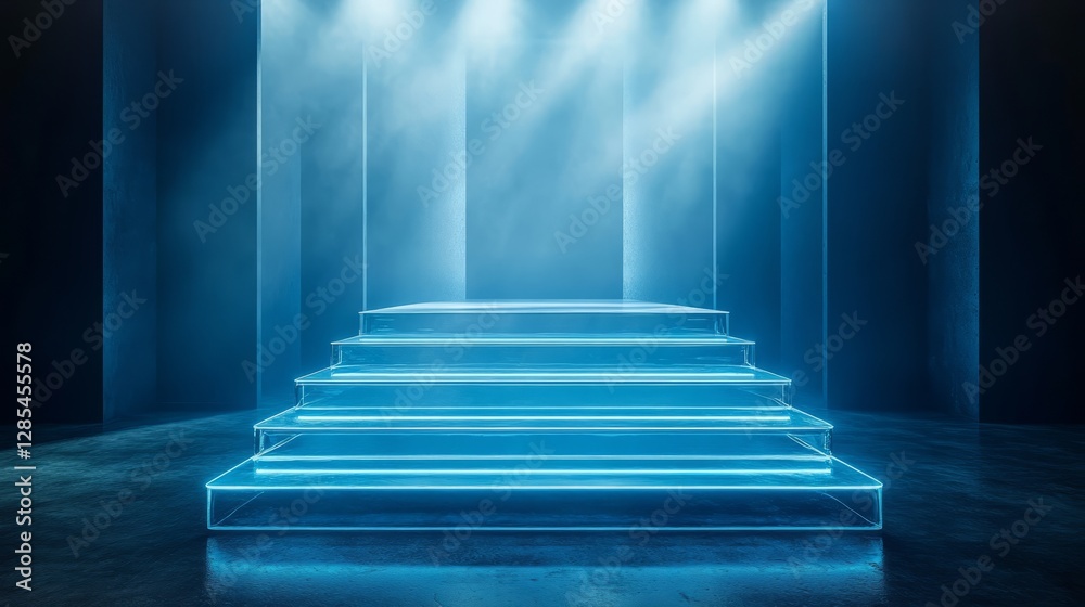 Fototapeta premium Empty premium podium with futuristic clear glass steps, dramatic lighting creating an elegant atmosphere in an arena 