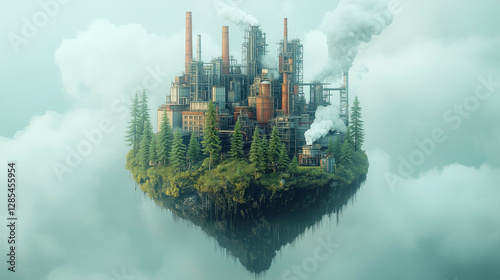A floating island shaped like Earth, half covered in factories and smog while the other half is pure and natural. Low-poly 3D style for a modern touch. photo