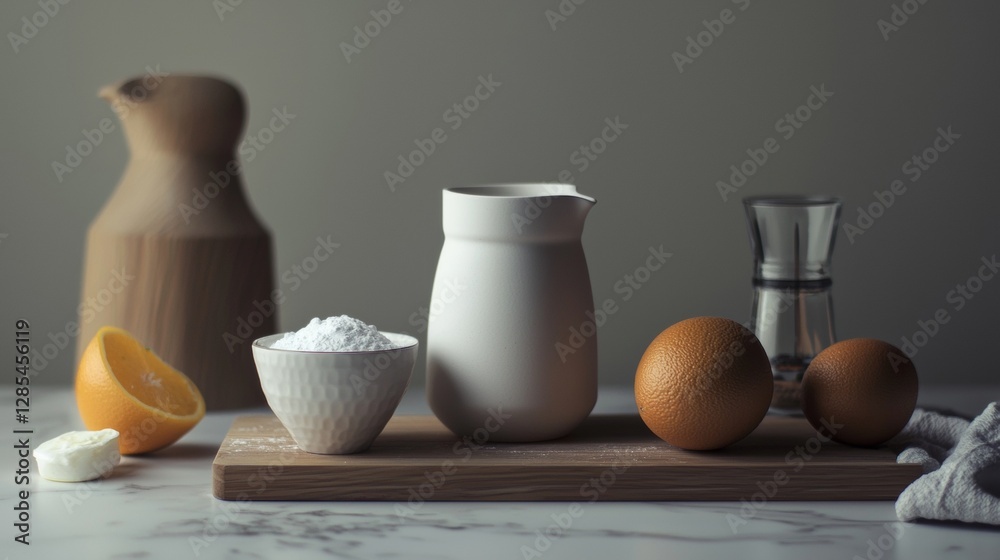 Rustic breakfast setup with milk, flour, and fresh ingredients Rustic breakfast setup with milk, flour, and fresh ingredients