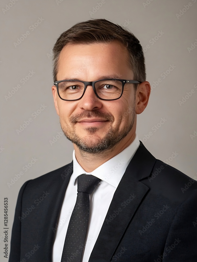 Professional man smiling confidently in business suit and glasses : Generative AI Professional man smiling confidently in business suit and glasses : Generative AI