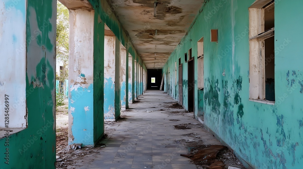 Fototapeta premium Abandoned Corridor of an Old Building with Cracked Walls and Faded Paint : Generative AI