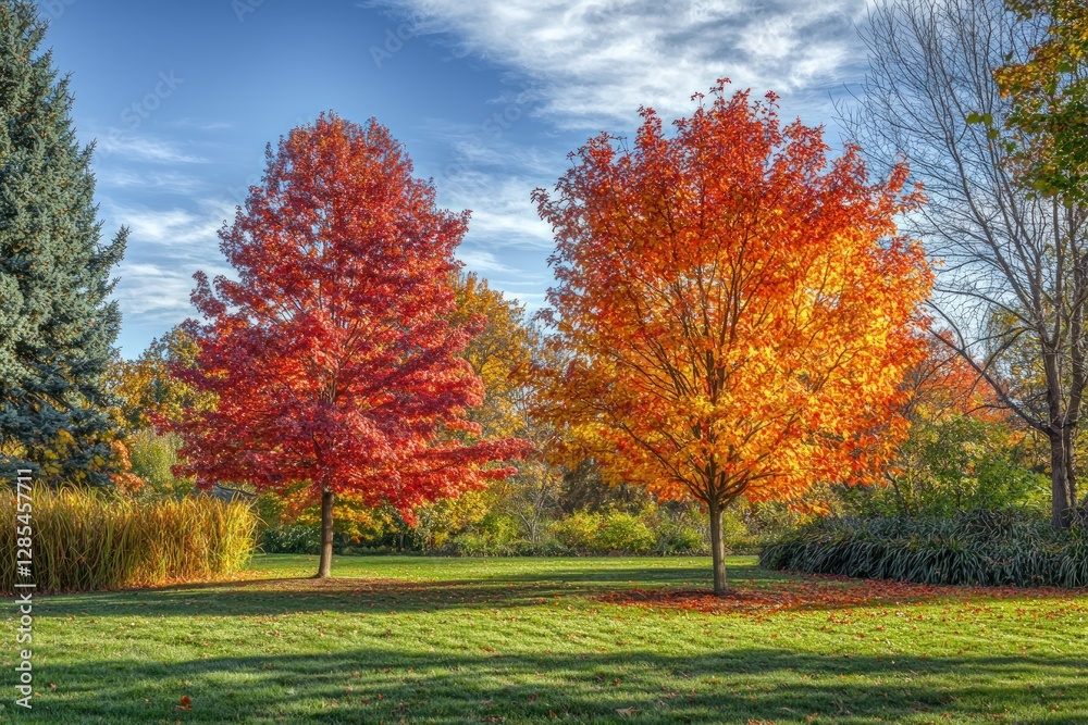 Autumn landscape with vibrant trees in shades of red, orange, and yellow Autumn landscape with vibrant trees in shades of red, orange, and yellow