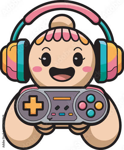 Cartoon boy playing video game with a cute smile and joyful expression