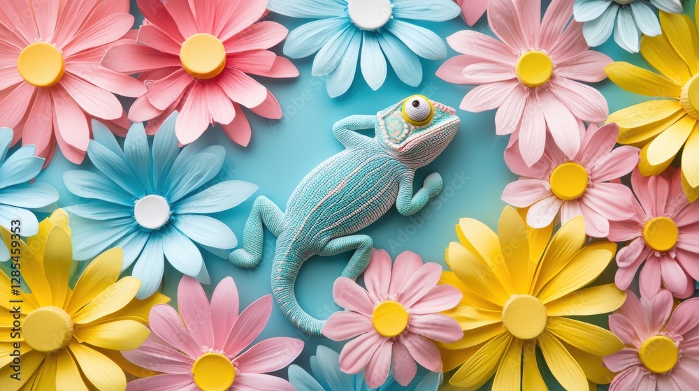 A chameleon blending seamlessly with a background of brightly colored flowers, its skin changing to match their hues, highlighting its ability to adapt and the beauty of camouflage. A chameleon blending seamlessly with a background of brightly colored flowers, its skin changing to match their hues, highlighting its ability to adapt and the beauty of camouflage.