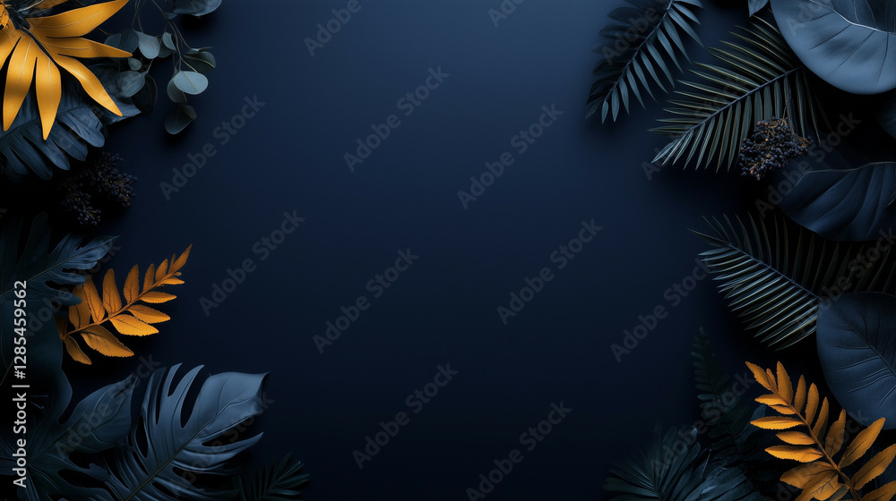 Obraz premium Elegant Earth Day wallpaper with a deep navy blue background and gold-line botanical drawings along the edges. The design exudes sophistication while emphasizing nature's beauty