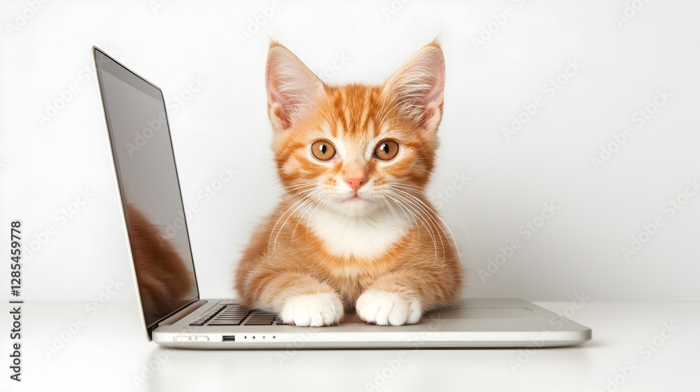 Cute Orange Cat Sitting on Laptop Displaying Playful Behavior Cute Orange Cat Sitting on Laptop Displaying Playful Behavior