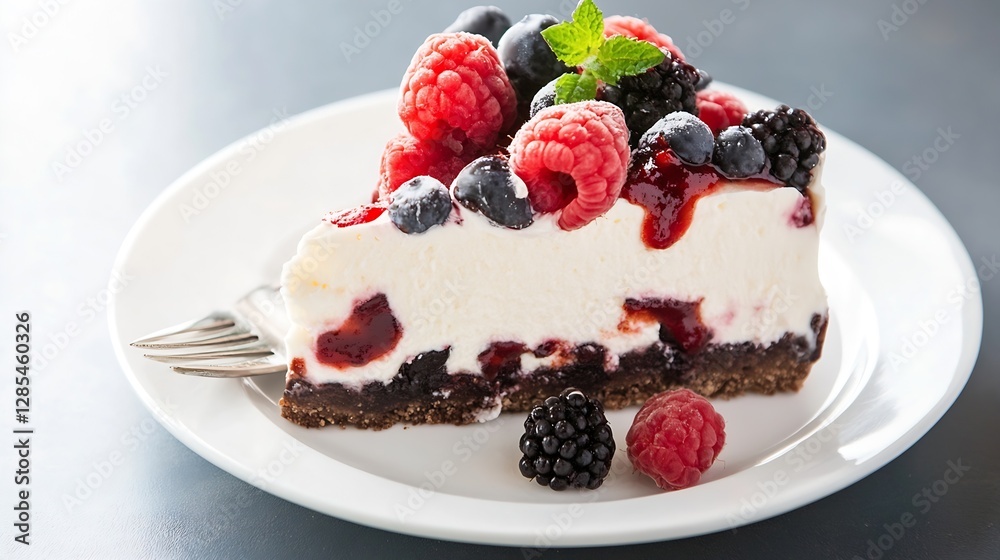 Delicious cheesecake topped with fresh raspberries and blackberries on a white plate : Generative AI Delicious cheesecake topped with fresh raspberries and blackberries on a white plate : Generative AI