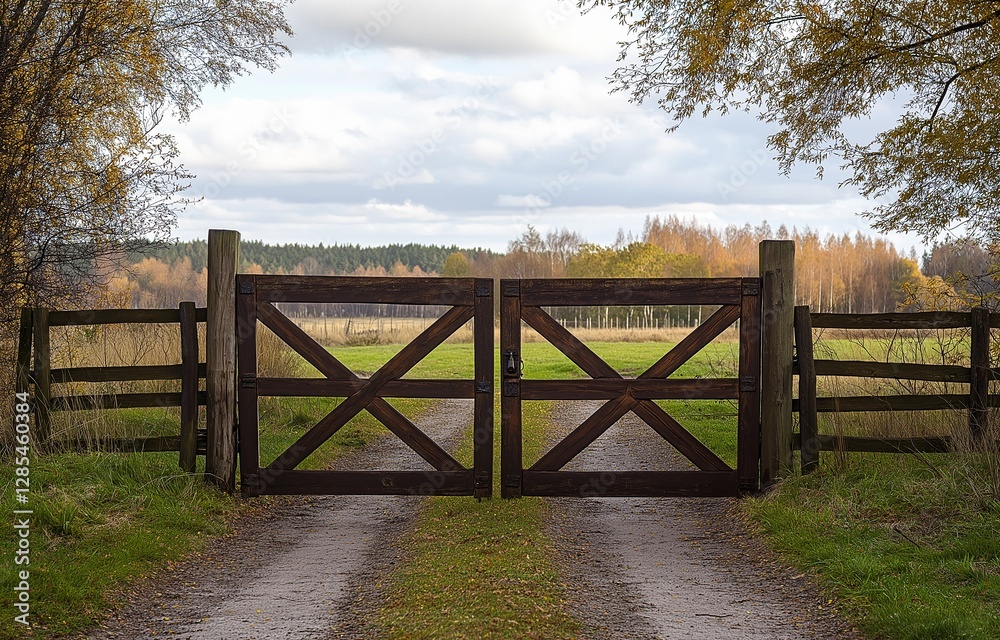 Behind it is a fence, and a gate is open. Behind it is a fence, and a gate is open.