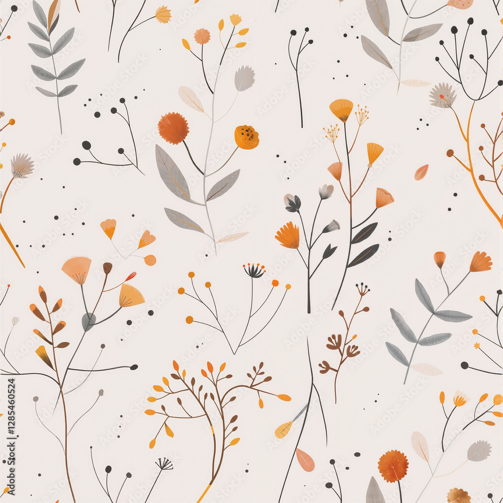 Autumnal Floral Seamless Pattern Warm Hues and Delicate Botanicals