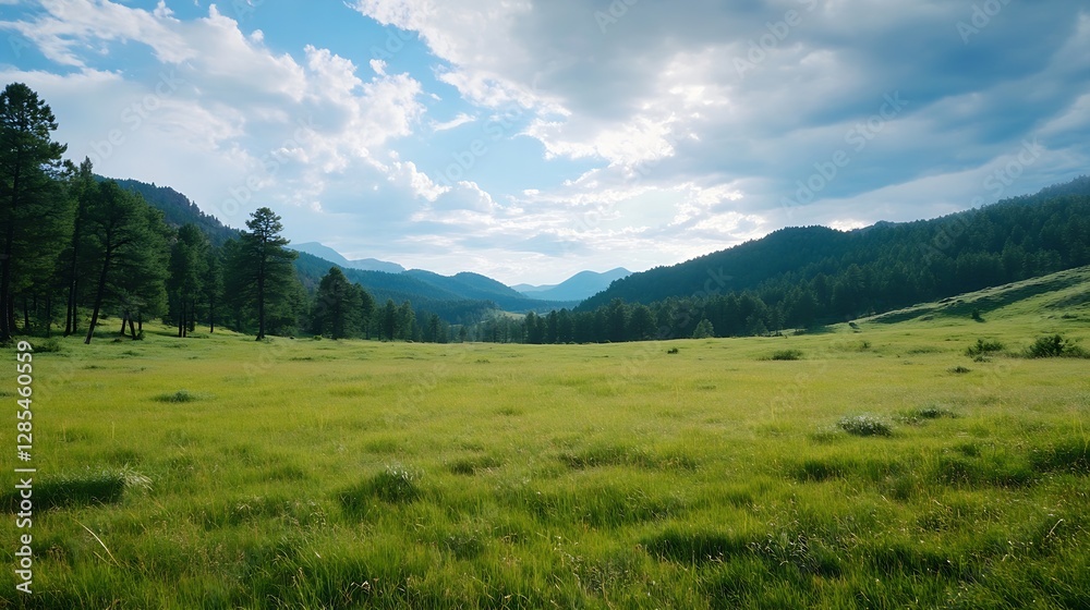 Expansive Green Meadow Surrounded by Majestic Mountains Under a Bright Blue Sky : Generative AI Expansive Green Meadow Surrounded by Majestic Mountains Under a Bright Blue Sky : Generative AI