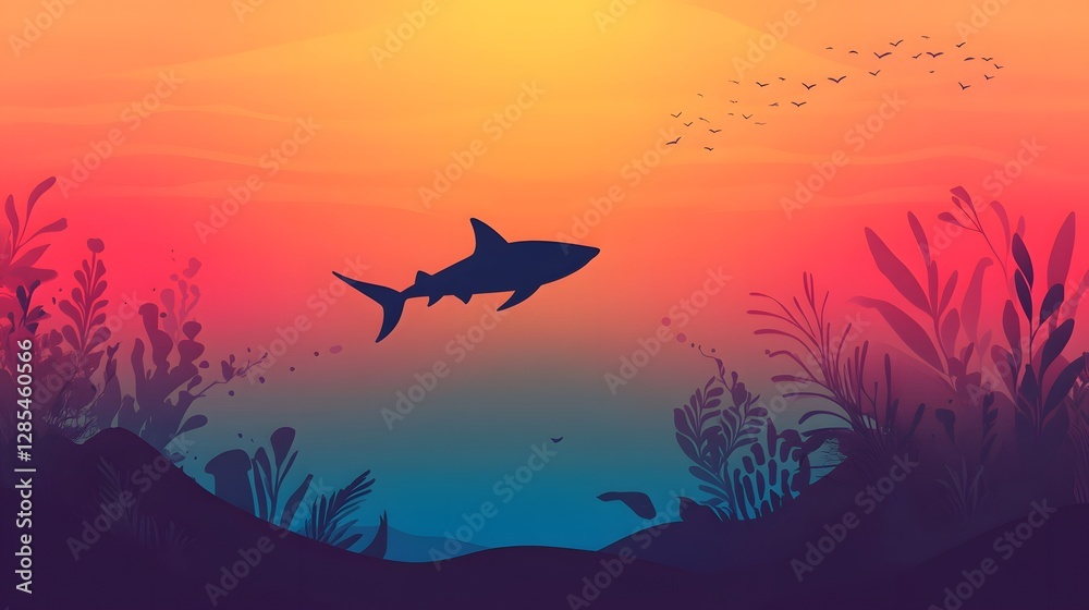 Obraz premium Silhouetted shark swimming, colorful gradient sunset backdrop, vibrant ocean scene, calming aquatic theme, space for text.