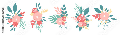 Bouquet with flowers and leaves in pastel colors. Flower arrangements are perfect for wedding cards, booklets, postcards and other layouts. Vector illustration