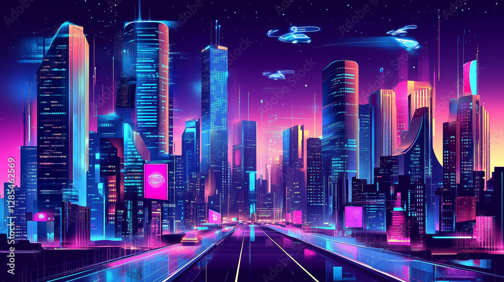 Fototapeta premium A futuristic cyberpunk city skyline at night, with towering skyscrapers illuminated by neon lights in pink, blue, and purple