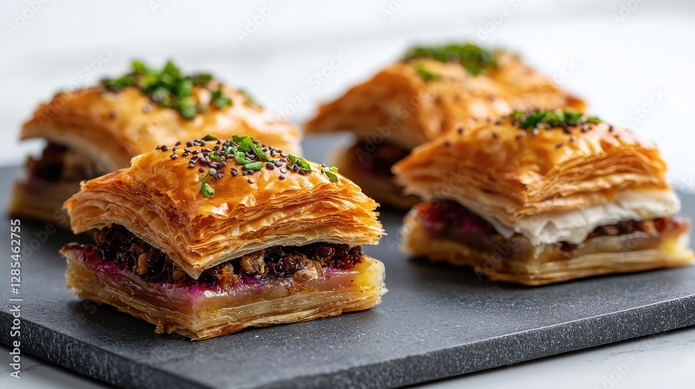Gourmet Puff Pastry Bites, Close-up, Dark Stone Board, Appetizer, Delicious Gourmet Puff Pastry Bites, Close-up, Dark Stone Board, Appetizer, Delicious