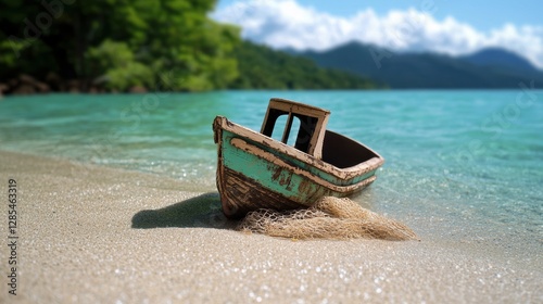 A weathered fishing boat beached on the shore, with peeling paint and tattered nets, symbolizing the hard work and resilience of those who make their living from the sea.