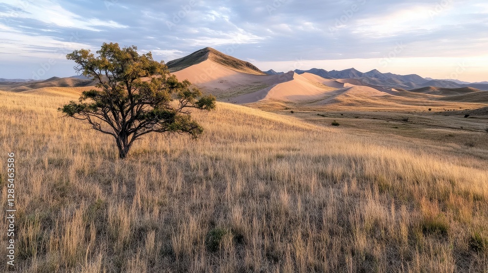 Naklejka premium Lonely Tree In Golden Field At Sunset, Rolling Hills Landscape